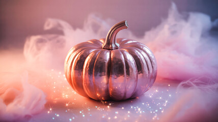  A shiny pink pumpkin glowing in soft mist with sparkles and metallic texture, pastel Halloween background