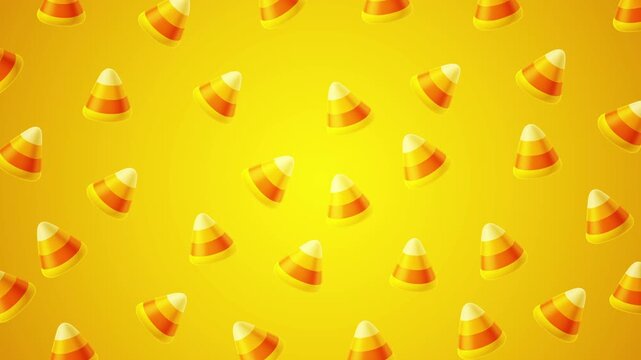 Animated background pattern for Candy Corn Day. Colorful candy corn candies float on a vibrant yellow orange gradient, creating a festive and cheerful fall celebration atmosphere.
