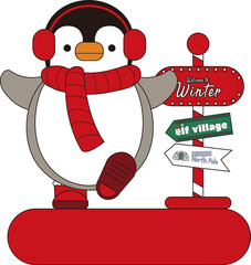 빨간 귀마개와 목도리를 한 아기 펭귄