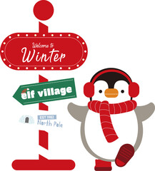 빨간 귀마개와 목도리를 한 아기 펭귄