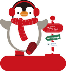 빨간 귀마개와 목도리를 한 아기 펭귄