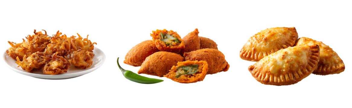 A delicious assortment of indian appetizers featuring pakoras, mirchi bajji and empanadas on a transparent bg