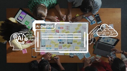 A diverse team collaborates in a modern workspace, engaging in creative brainstorming for the development of an AI chatbot. They utilize digital tools and strategies. Raster