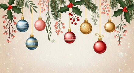 christmas background with christmas balls, christmas greeting card with colorful decoration illustration