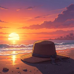 Sunset Serenity - A Hat on the Beach at Dusk.