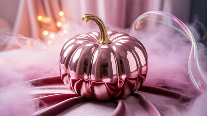  A shiny pink pumpkin glowing in soft mist with sparkles and metallic texture, pastel Halloween background