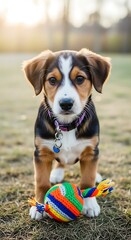 Adorable Puppy with Toy in Sunny Outdoor Setting.