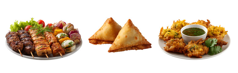A spread of indian appetizers featuring kebabs samosas and pakoras on white plates against transparent background