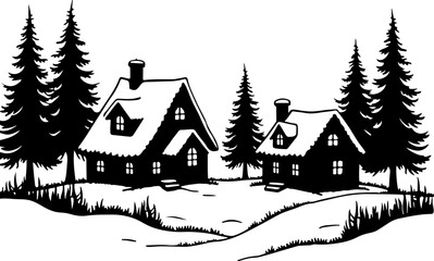 Snowy Winter Cabins House with Pine Trees Silhouette