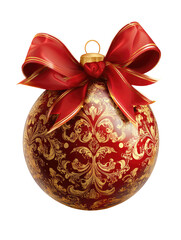 Red Christmas ornament with gold patterned design and red ribbon bow