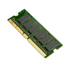 Close-up of a computer RAM module.  Green circuit board, black chips
