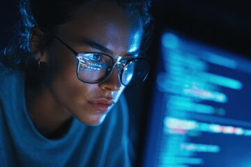 Focused female software developer programming coding project on computer screen in dark room glasses reflection technology professional intelligence digital innovation late night work