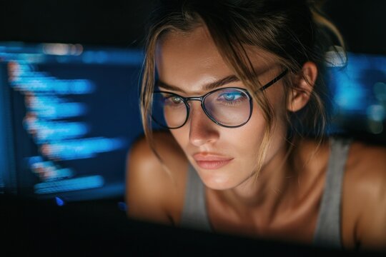 Focused female programmer coding at night glasses intense concentration software development computer screen modern technology digital workspace cybersecurity