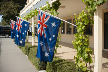 australian national flags hanging along the street in daylight