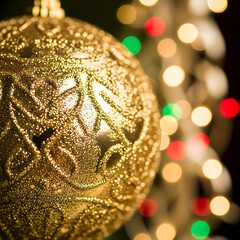 Golden Christmas Ornament with Festive Lights Close Up