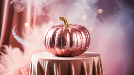  A shiny pink pumpkin glowing in soft mist with sparkles and metallic texture, pastel Halloween background