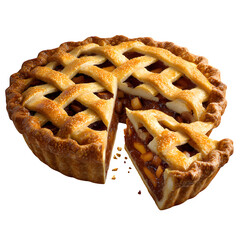 Whole apple pie with a slice removed isolated on transparent background