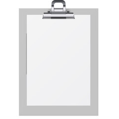 A realistic gray clipboard with a metallic clip holding a blank white sheet of paper isolated on a white background with studio lighting and a clean presentation