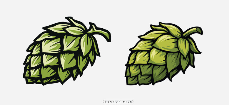 Detailed illustration of two vibrant green hop cones on a white background