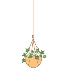 A simple illustration of a hanging potted plant with green ivy leaves and an orange pot suspended by a thin brown string against a white background.