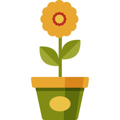 A simple potted plant with an orange flower and green leaves on a transparent background suitable for graphic design and illustrations