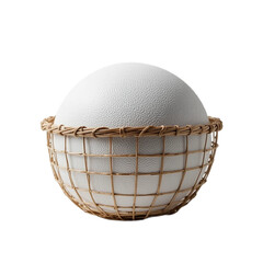 White decorative sphere in a woven basket on a white background