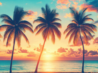 Fototapeta premium Sunset over the ocean with palm trees on a tropical beach