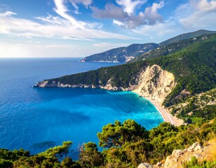 Naklejka premium Aerial view of a stunning turquoise bay surrounded by lush green hills