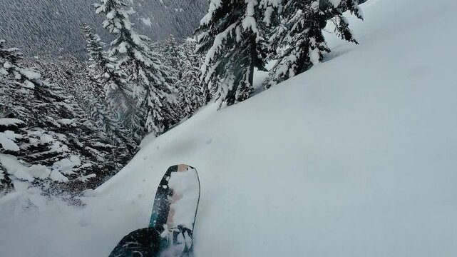 Snowboarder Carving Deep Powder Slow Motion POV