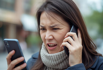 携帯電話を二つ使って怒っている女