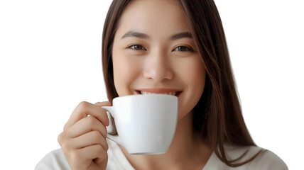 コーヒーカップを持っている笑顔の女