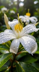 White Magnolia Blossom with Dew Drops in Morning Light.