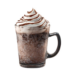 Hot chocolate with whipped cream and chocolate drizzle isolated on transparent background
