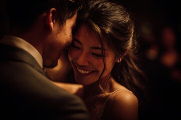 Romantic intimate moment couple wedding dance love celebration happiness newlyweds elegant ballroom joyful warm embrace evening glow heartfelt tender emotional connection
