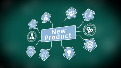 New Product concept diagram with icons on a dark green chalkboard background product launch business © Pixel Nova