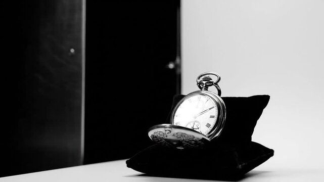 A black and white photograph of a silver pocket watch sitting on a black velvet cushion