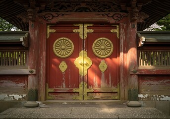 Ornate Red Doors of a Japanese Temple Entrance.
