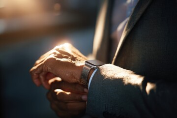 Business professional checking time elegant modern smartwatch formal suit early morning sun flare punctuality corporate environment productivity time management