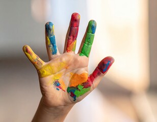 Colorful Handprint Against Blurred Background
