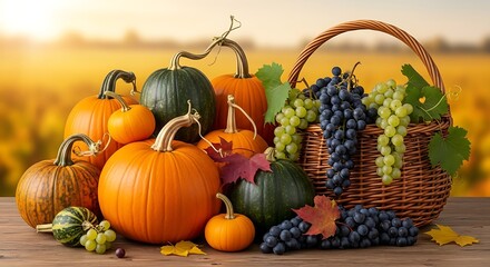 Autumn Harvest - Pumpkins, Grapes, and Basket in Golden Light.