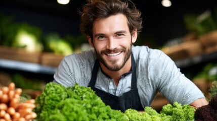 A man wearing an apron beams with joy while working among fresh green produce. Surrounding him are vibrant vegetables, showcasing a lively market ambiance in the afternoon sun