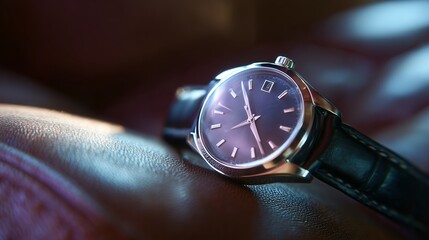 Elegant silver watch resting on brown leather surface in soft natural light