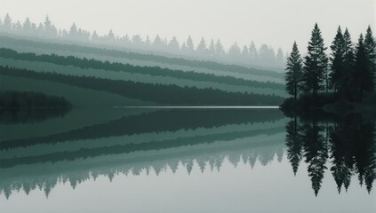 Obraz premium Serene landscape layered trees on hills reflecting in calm water