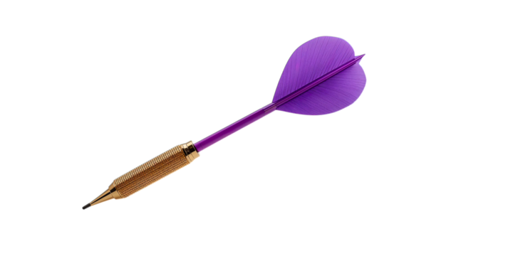 Transparent Png of a Single Purple feathered Dart, Golden Textured Barrel, Sharp Metallic Point, Precise Aim, Professional Sports Equipment