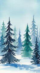 Obraz premium Winter forest landscape with christmas trees and snow with copy space. Watercolor illustration with cozy holiday scene among trees for card template, print, poster, book, banner, flyer. 
