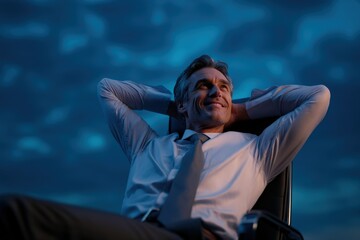 Confident businessman relaxed happy skyward night background triumph achievement corporate success motivational portrait executive inspiration dream big leadership business goals