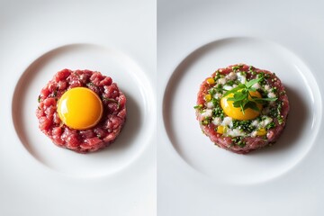 Classic beef tartare with raw egg yolk and fresh herbs plating comparison