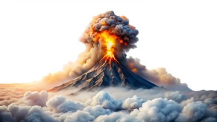 burning volcano in the clouds isolated on white background .PNG. AI Generated