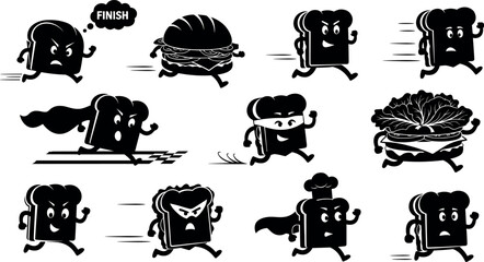 Bread, sandwich, silhouette, cartoon, race, running, food, character, motion, finish line, chef hat, cape, snack, funny, expressive, black, white, whimsical, anthropomorphic, competition, illustration