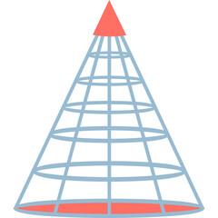 Abstract geometric cone shape with coral red base and tip connected by light blue wireframe structure on transparent background simple design element